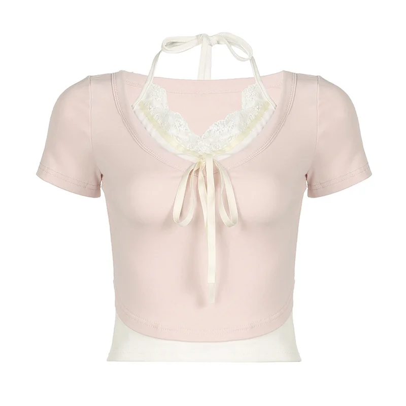 Ueong Sweet Spice Girl Lace Splicing Collision Color Fake Two Lace-Up Short-Sleeved T-Shirts Sweet Jackets For Women