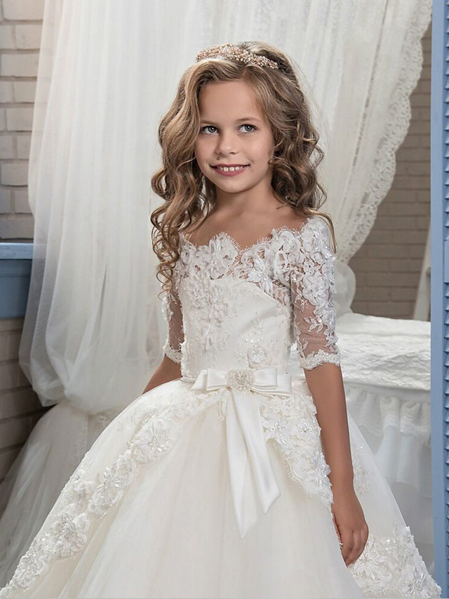 Daisda Ball Gown Half Sleeve Lace Floor Length Flower Girl Dresses ...