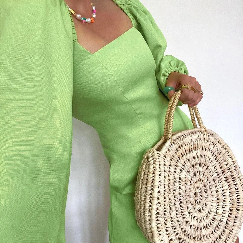 WannaThis Women Puff Sleeve Mini Dress Sexy Casual Square Collar Autumn 2021 Vintage Green Clubwear Party Elegant Female Vestido