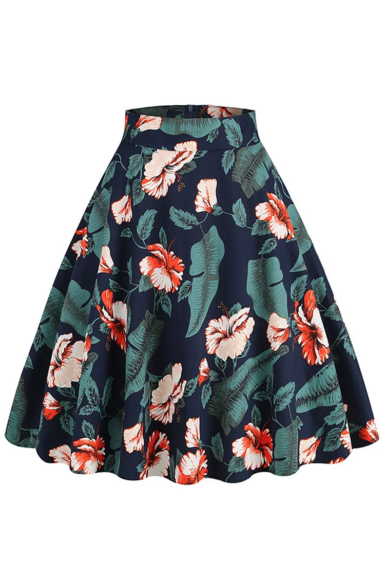 1950s Blue Leaf Party Floral Print A-line Midi Skirts