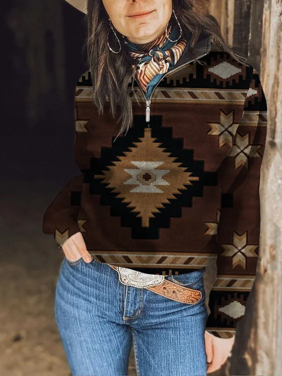 Women's Vintage  Ethnic Aztec Print Zip Long Sleeve Sweatshirt-262