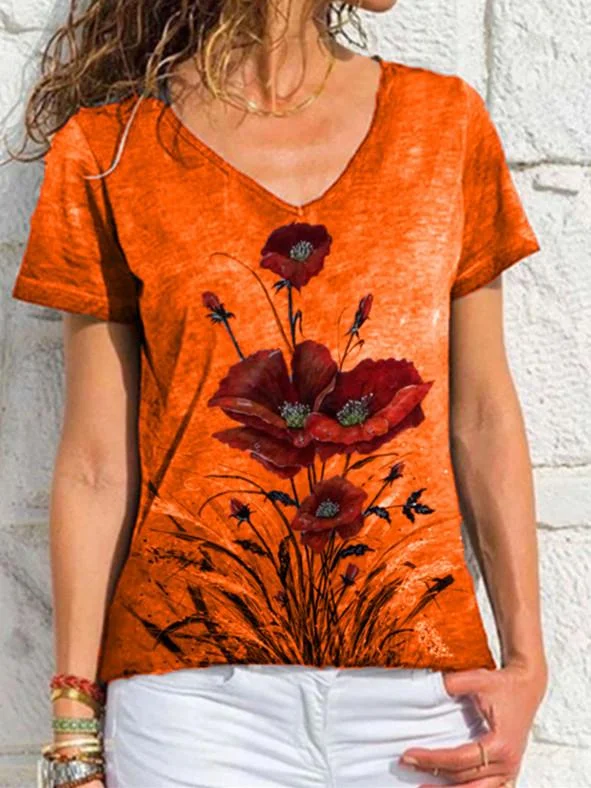 Women Short Sleeve V-neck Printed Top