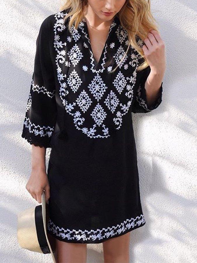 Black Geometric Boho Casual Dresses