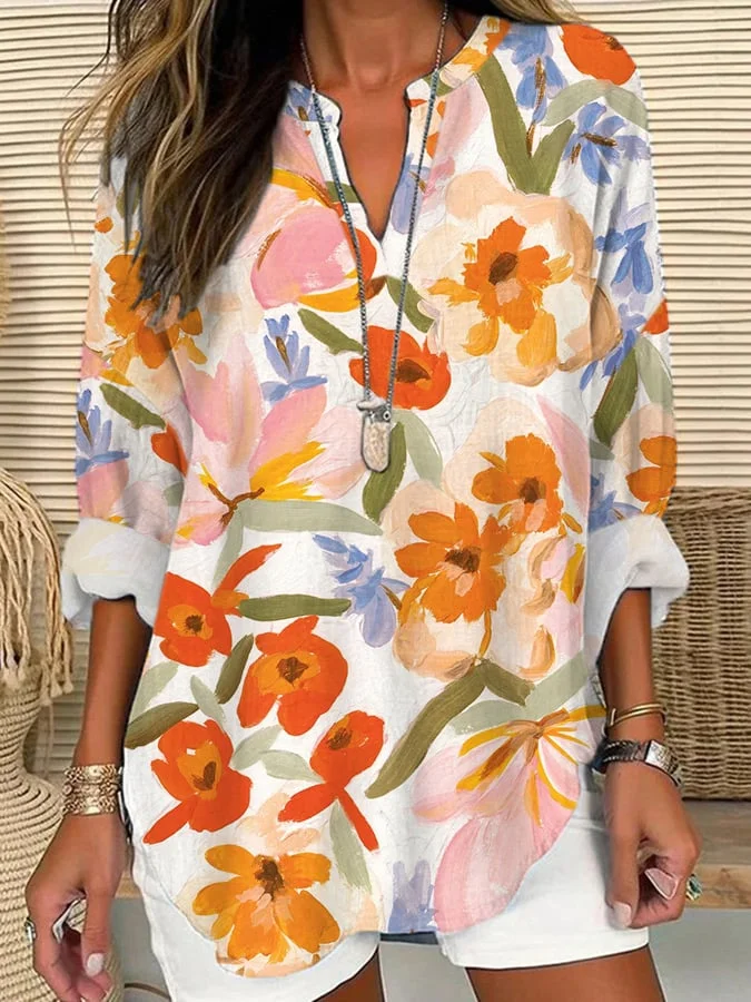 Women's Retro Floral Loose Casual Long Sleeve V-Neck Shirt socialshop