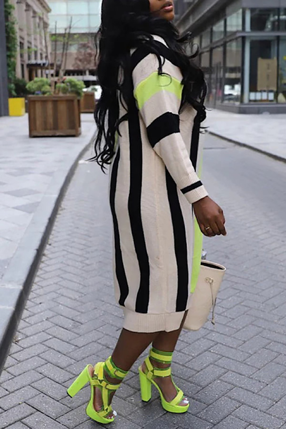 Plus Size Casual Dress Apricot Stripe Colorblock Knitted Midi Dress