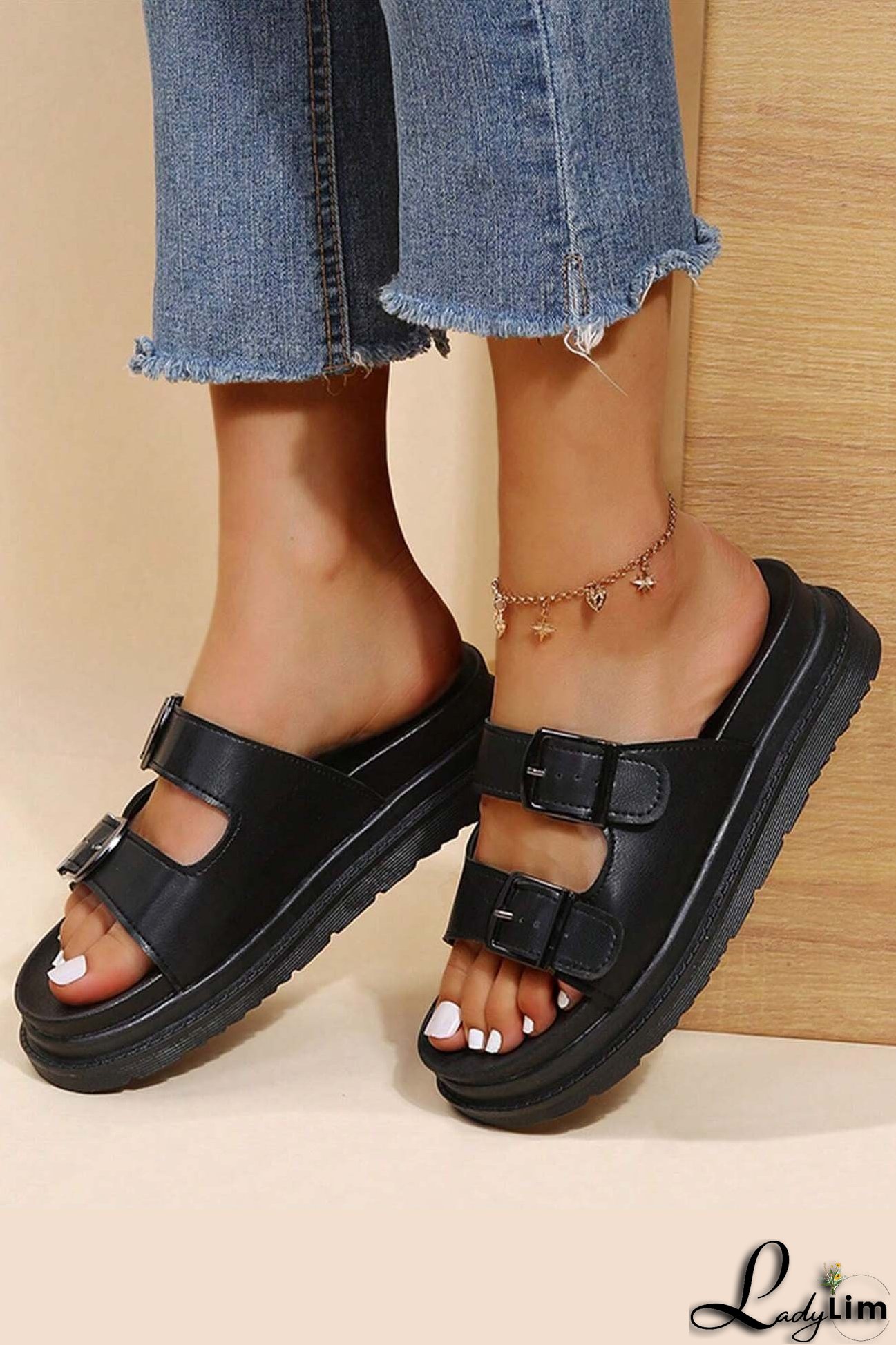 Buckle Platform Slide Sandals