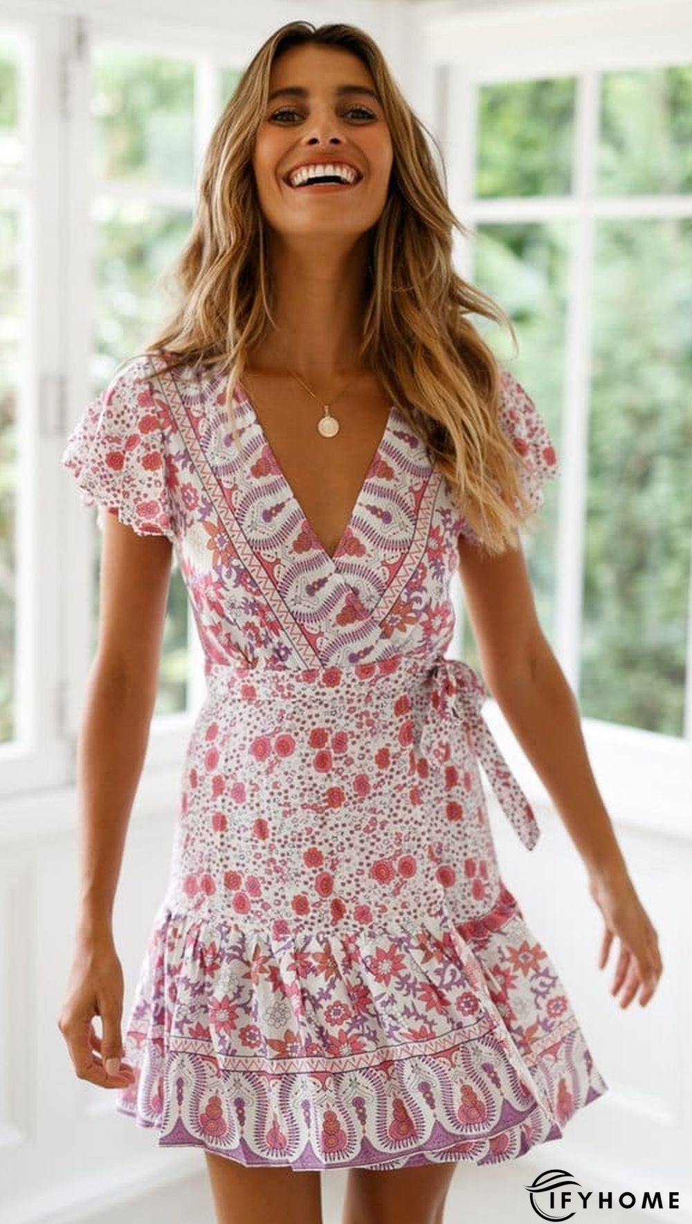 Vintage Women Short Sleeve Wrap Boho Floral Mini Dress Ladies Summer Sundress Holiday V neck Short Sleeve Print Dress | IFYHOME