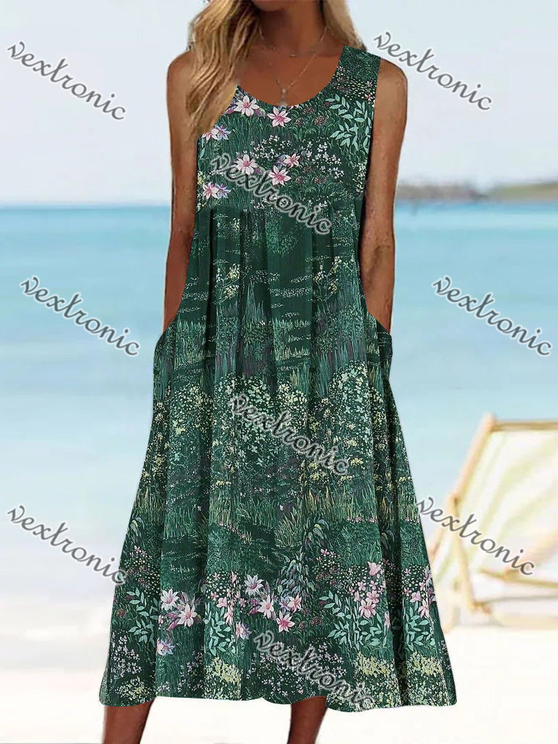 Women's Green Sleeveless Scoop Neck Pockets Graphic Floral Printed Midi Dress