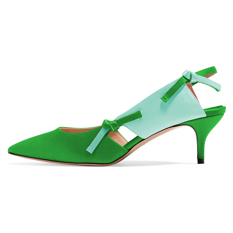 Green Satin Kitten Heel Slingback Pumps |FSJ Shoes