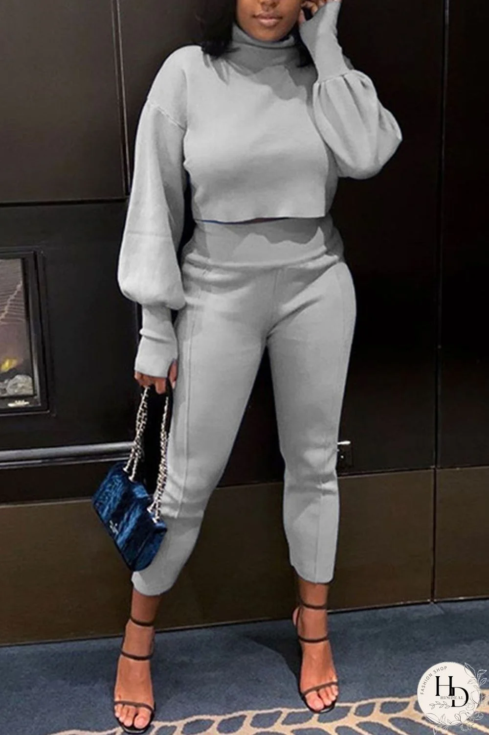 Grey Daily Solid Patchwork Turtleneck Long Sleeve Two Pieces