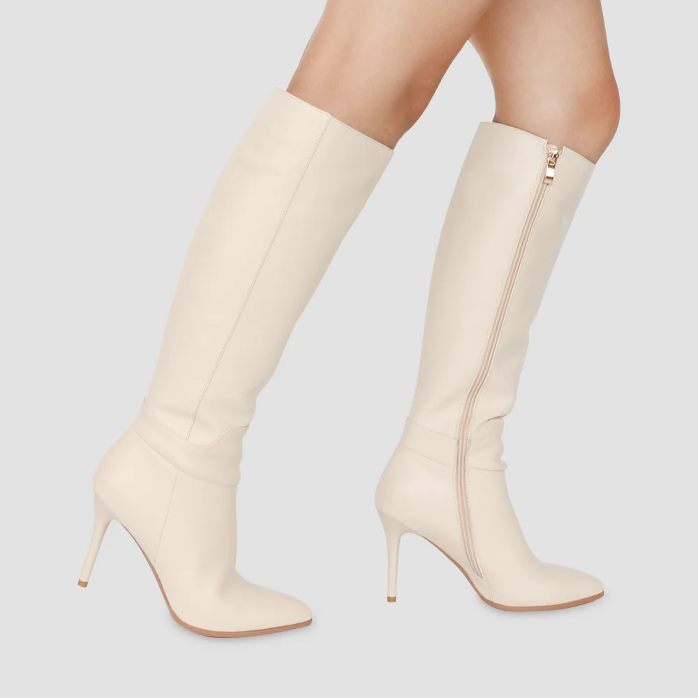 9.5cm Zipper Leather Mid Heels Knee Boots-MERUMOTE