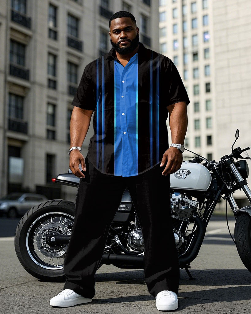 Men's Plus Size Black & Blue Colorblock Line Gradient Design Short Sleeve Shirt Pants Suit