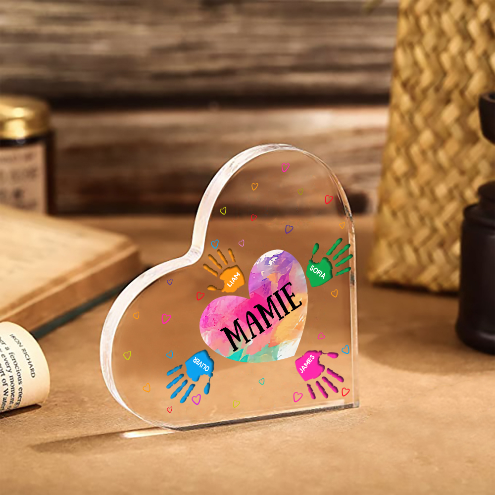 À ma Maman/Mamie - Plaque Acrylique Mains et Enfants en Forme de Cœur 5 Prénoms Personnalisés