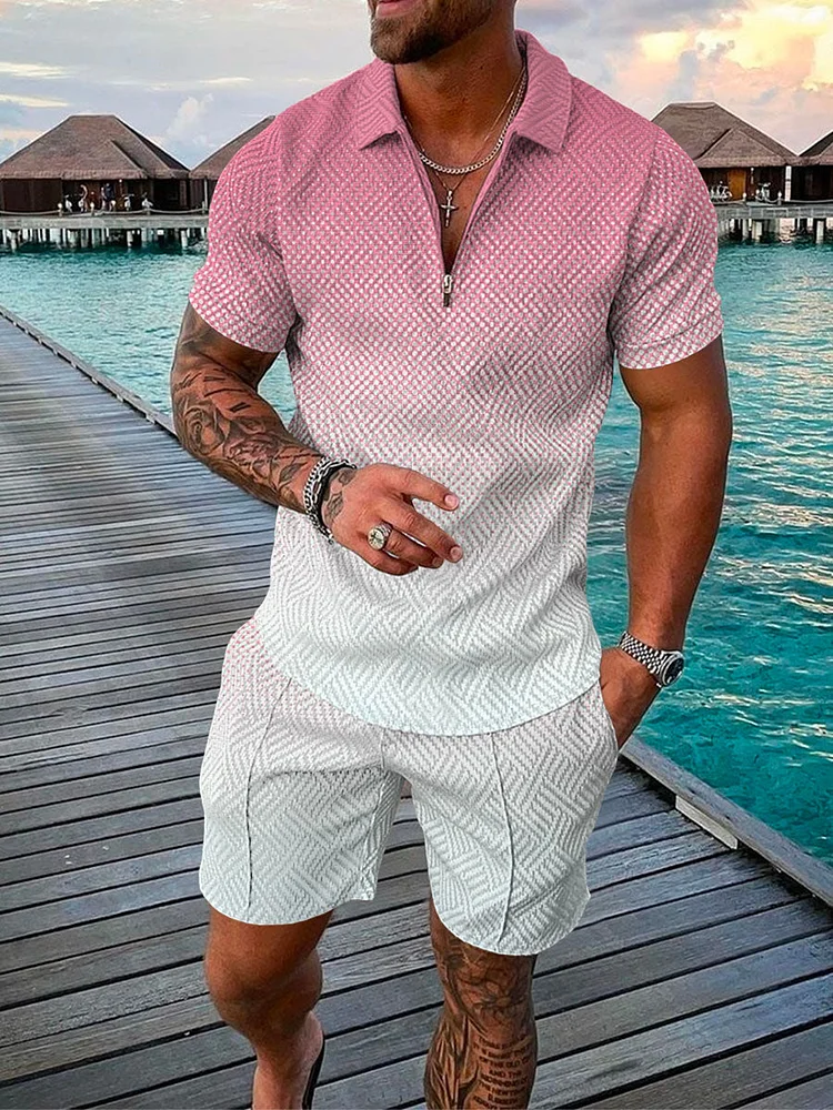 Men's Solid Color Zip Polo Shirt and Shorts Two-Piece Suits