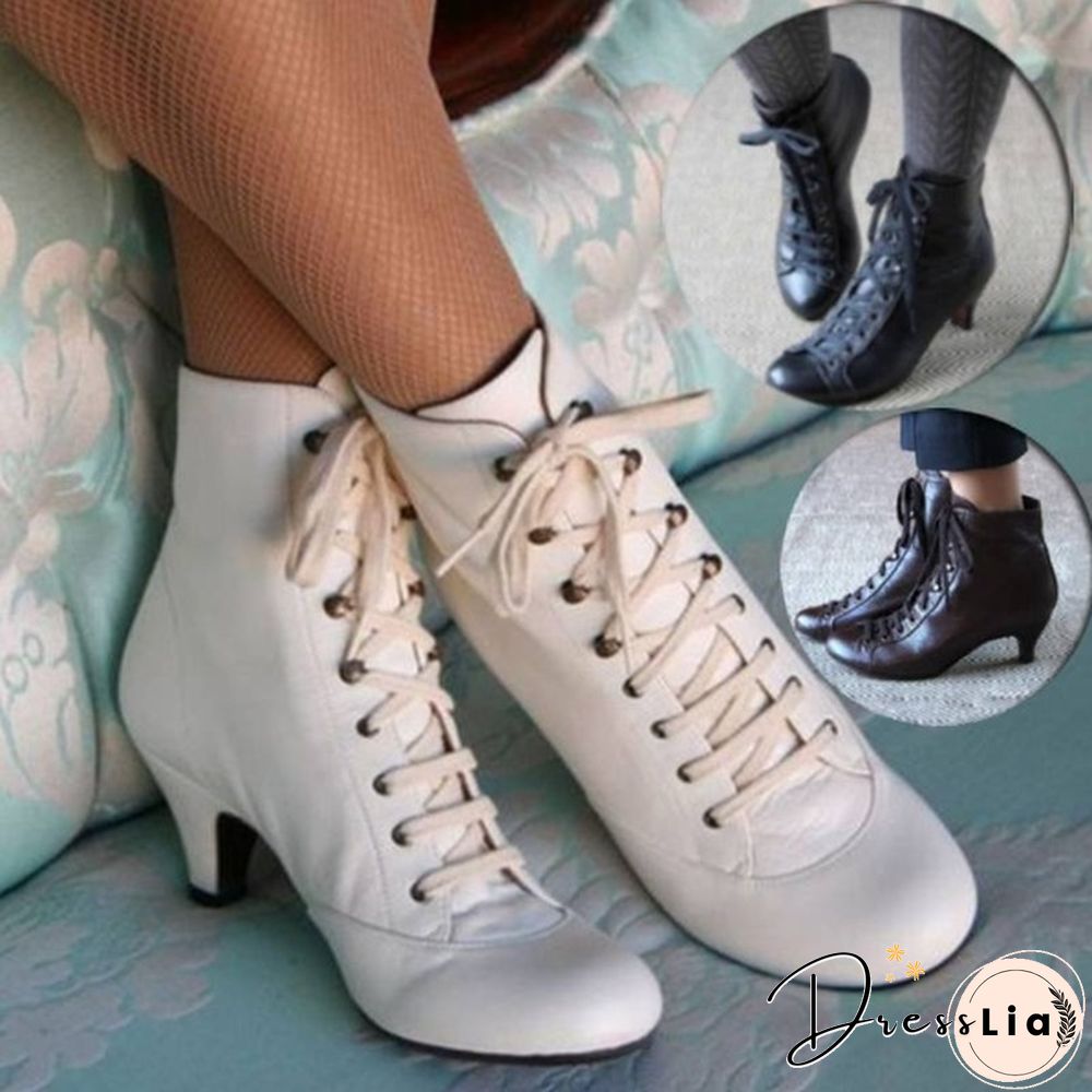 New Fashion Victorian Round Toe Leather Boots for Women Rustic Booties Steampunk Lace Up Low Heel Boots Vintage Ankle Boots Jeans Boots