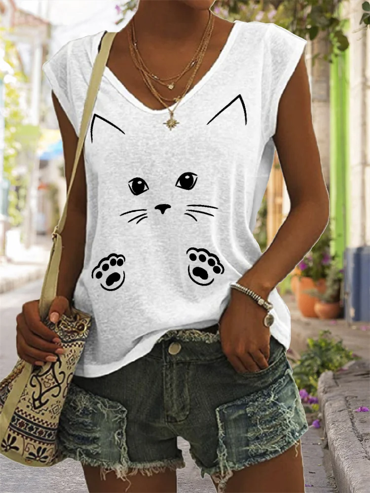Lovely Cat Face & Paws Graphic Tank Top