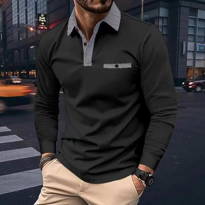 Mature Men Leisure Plaid Lapel Polo Shirt Fashion Solid Color Long Sleeve Tops