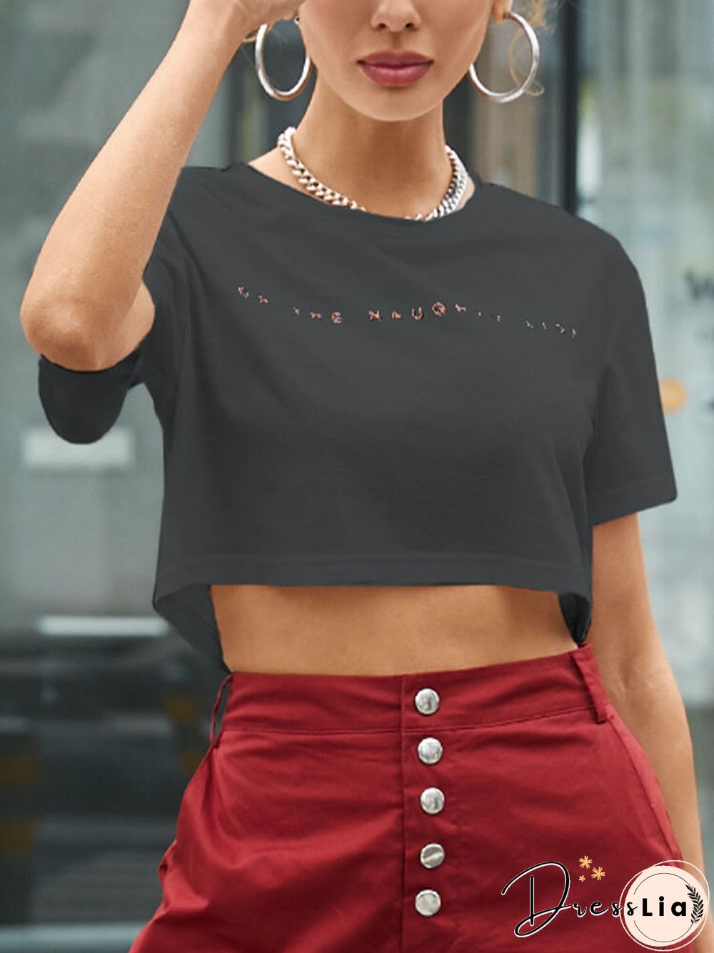 Letters Print O-neck Short Sleeve Casual Crop Top for Women