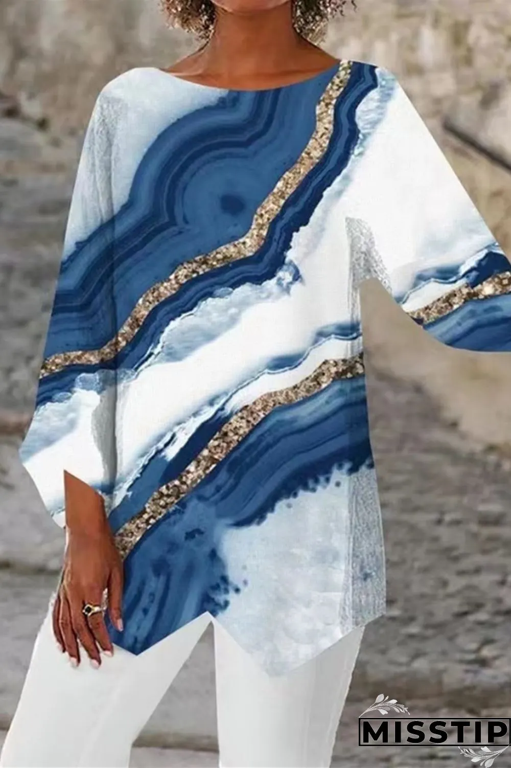 Multicolor Casual Print Basic O Neck Tops