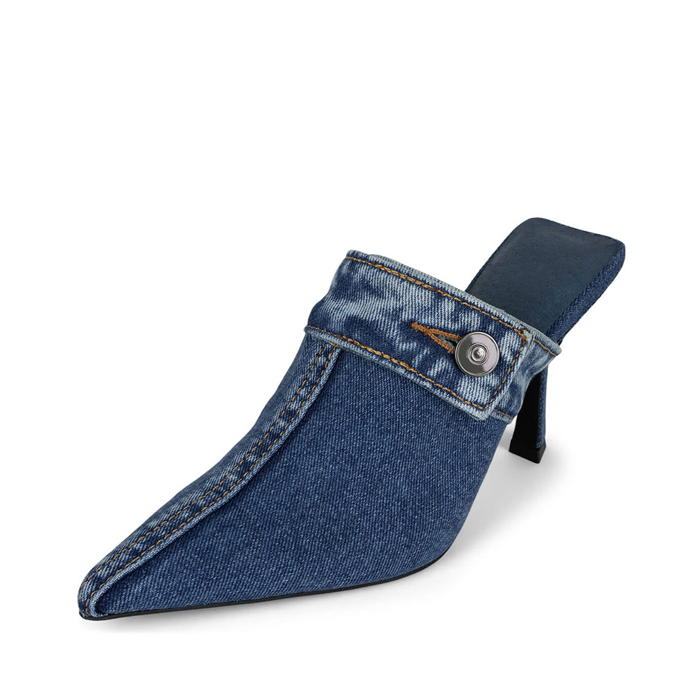 Elegant Blue Denim Pointed Toe Spool Heel Mules for Women Nicepairs
