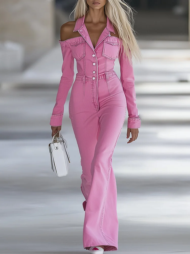【24-hour shipping out】Fashionable Personalized Lapel Pink Denim Off-the-shoulder Long-sleeved Flared Jumpsuit