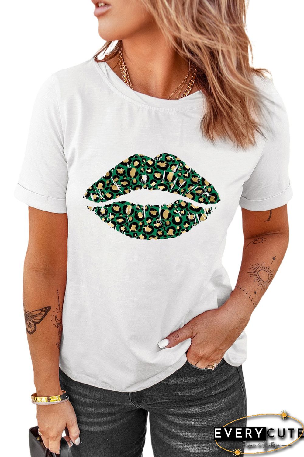 White St Patrick Leopard Lip Print Short Sleeve T-shirt