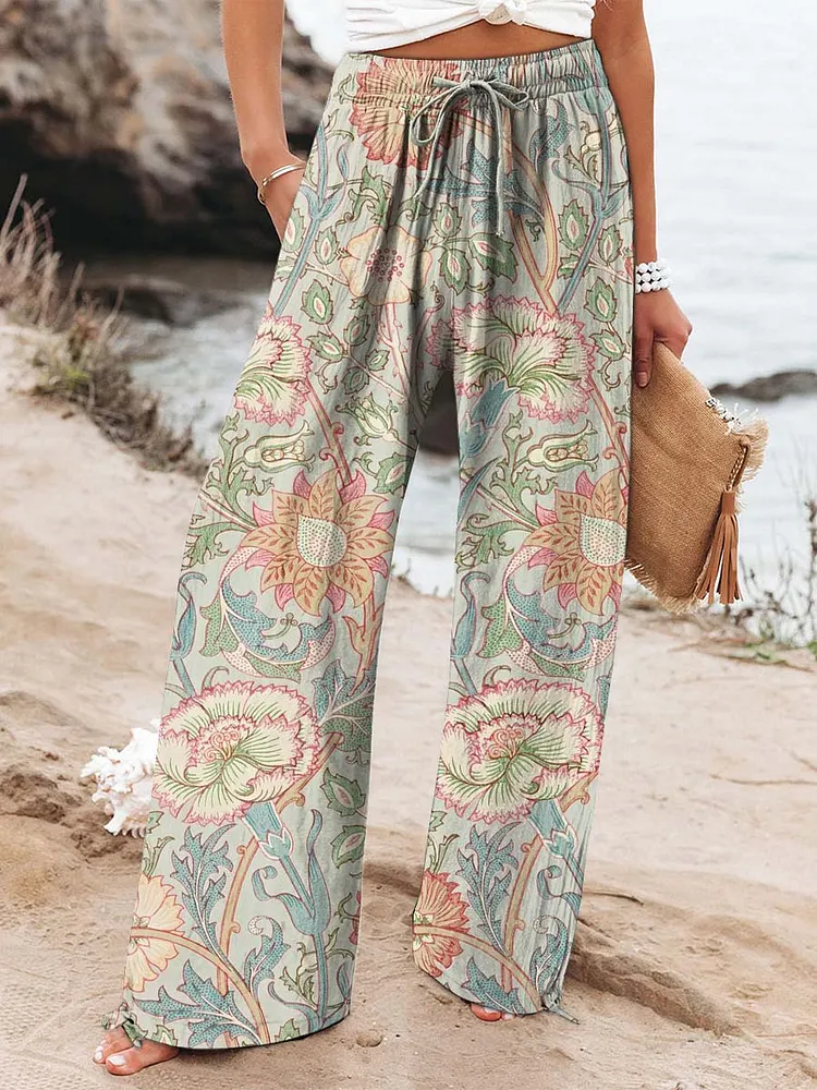 Women's Vintage Floral Art Printed Cotton And Linen Casual Pants