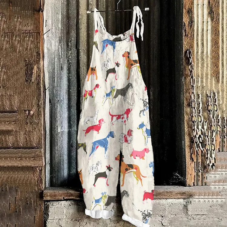 Cute Colorful Dog Pattern Print Loose Jumpsuit