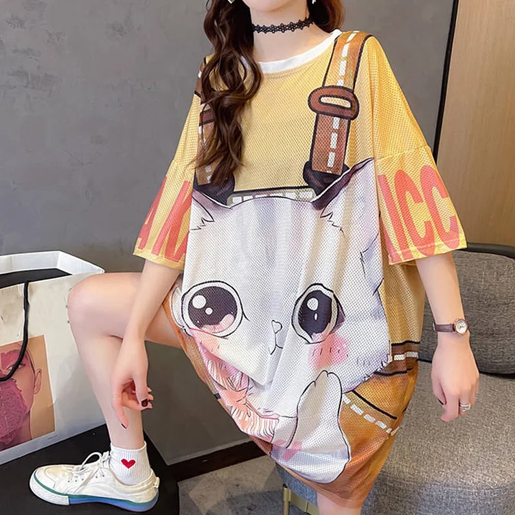 Cartoon Cat Print Loose T-Shirt - Modakawa Modakawa