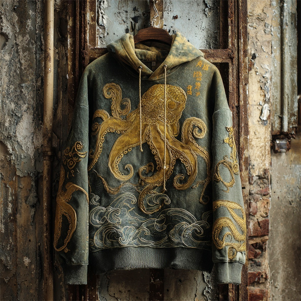 Japanese Ocean Octopus Art Men's Vintage Hoodie  artssus