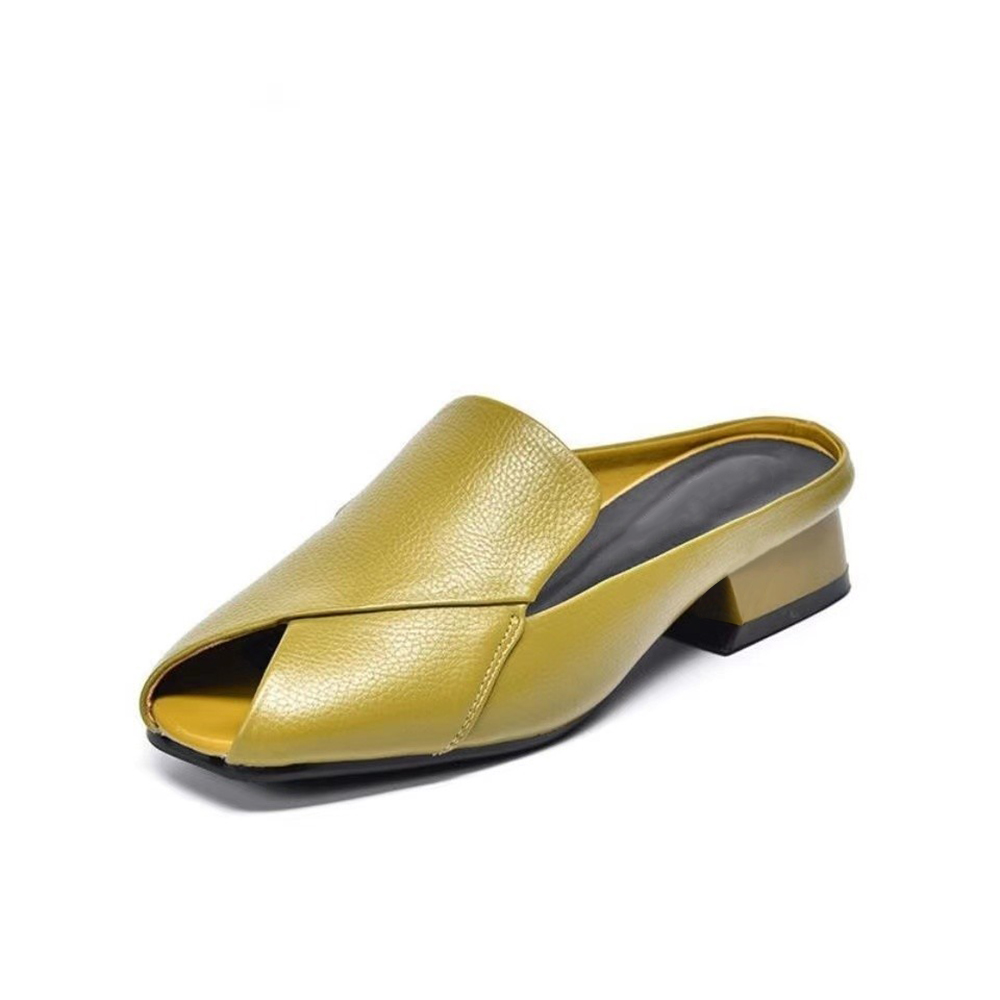Yellow Opened Toe Chunky Heel Wide Band Mules Nicepairs