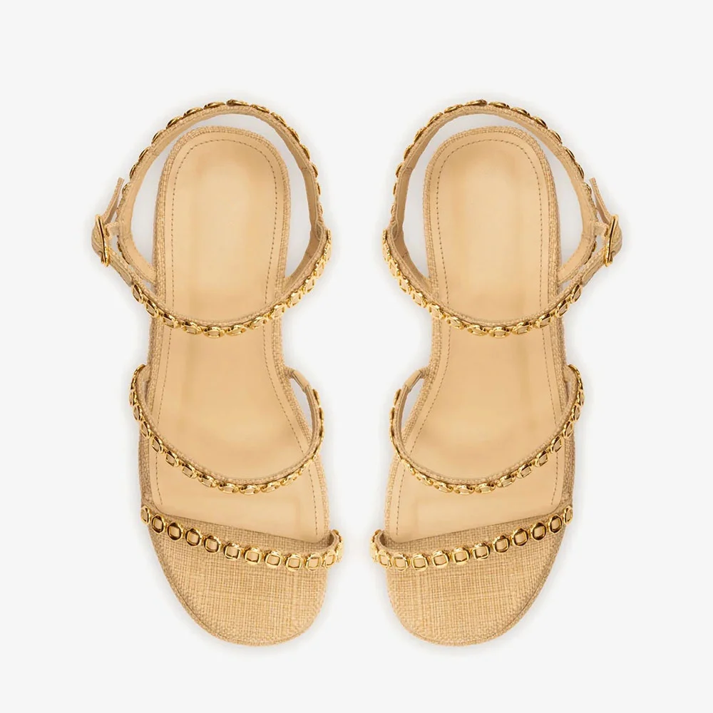 Beige Open Round Toe Gold Hardware Decor Strappy Platform Sandals