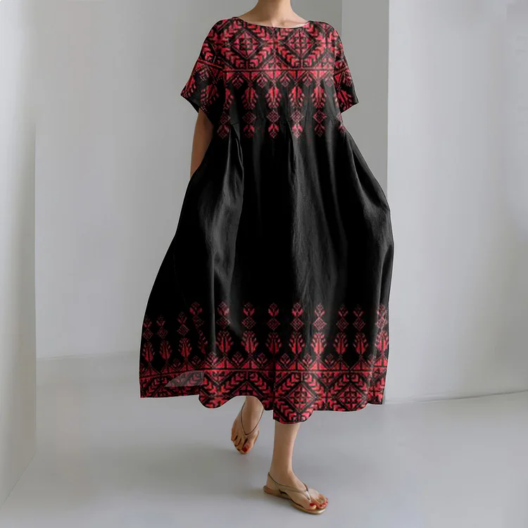 Free Palestine Ethnic Printed Short Sleeve Midi Dress