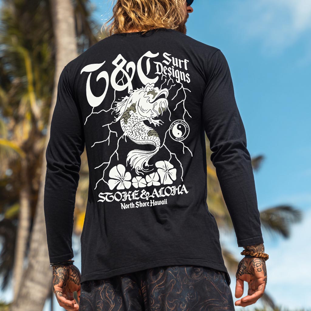 thesupersurf Quick-Dry Cotton Long Sleeve Surf Shirt with Fish Graphic and Hawaiian Design 