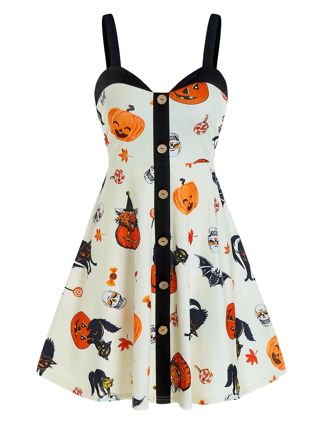 Gothic Women Dress Halloween Pumpkin Print Mock Button Cami Mini Dress Casual Vintage Sleeveless Sexy Party Dress Femme