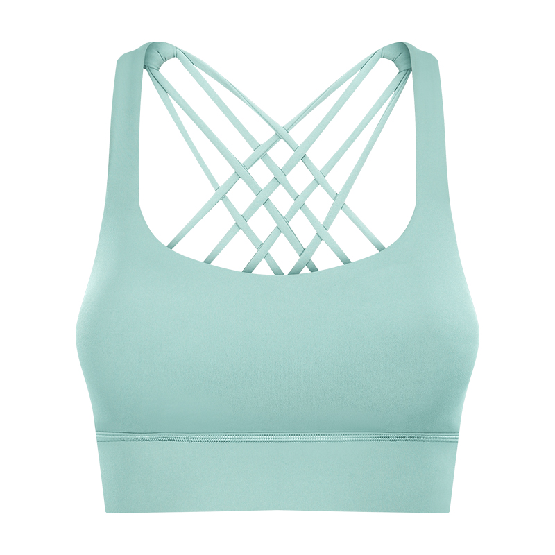 Buy glazed green widened hem back criss cross straps double sided brushed nylon toe dye shock absorber push up sports bra on Hergymclothing