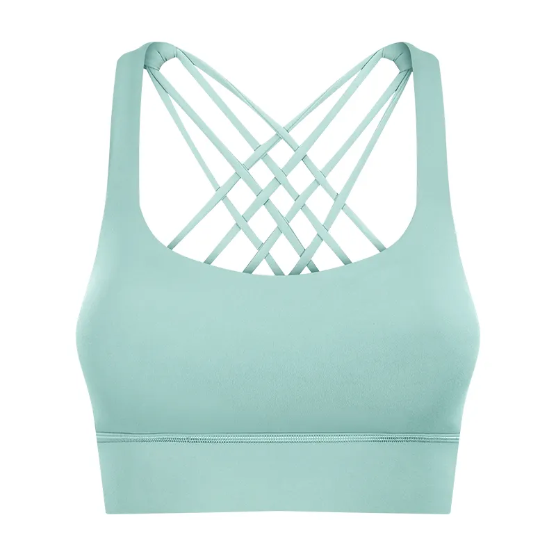 Buy glazed green widened hem back criss cross straps double sided brushed nylon toe dye shock absorber push up sports bra on Hergymclothing