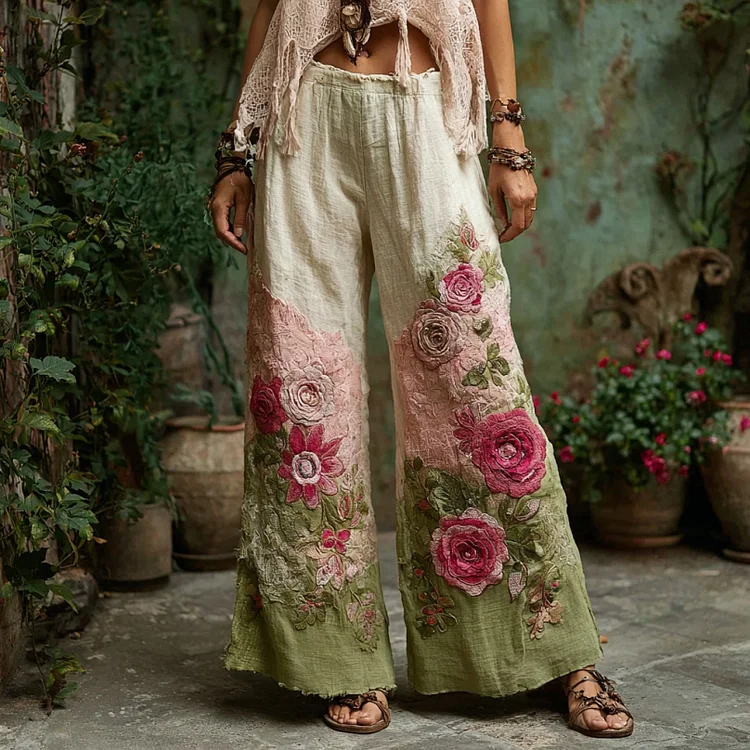 VChics Floral Embroidered Art Print Linen Blend Pants