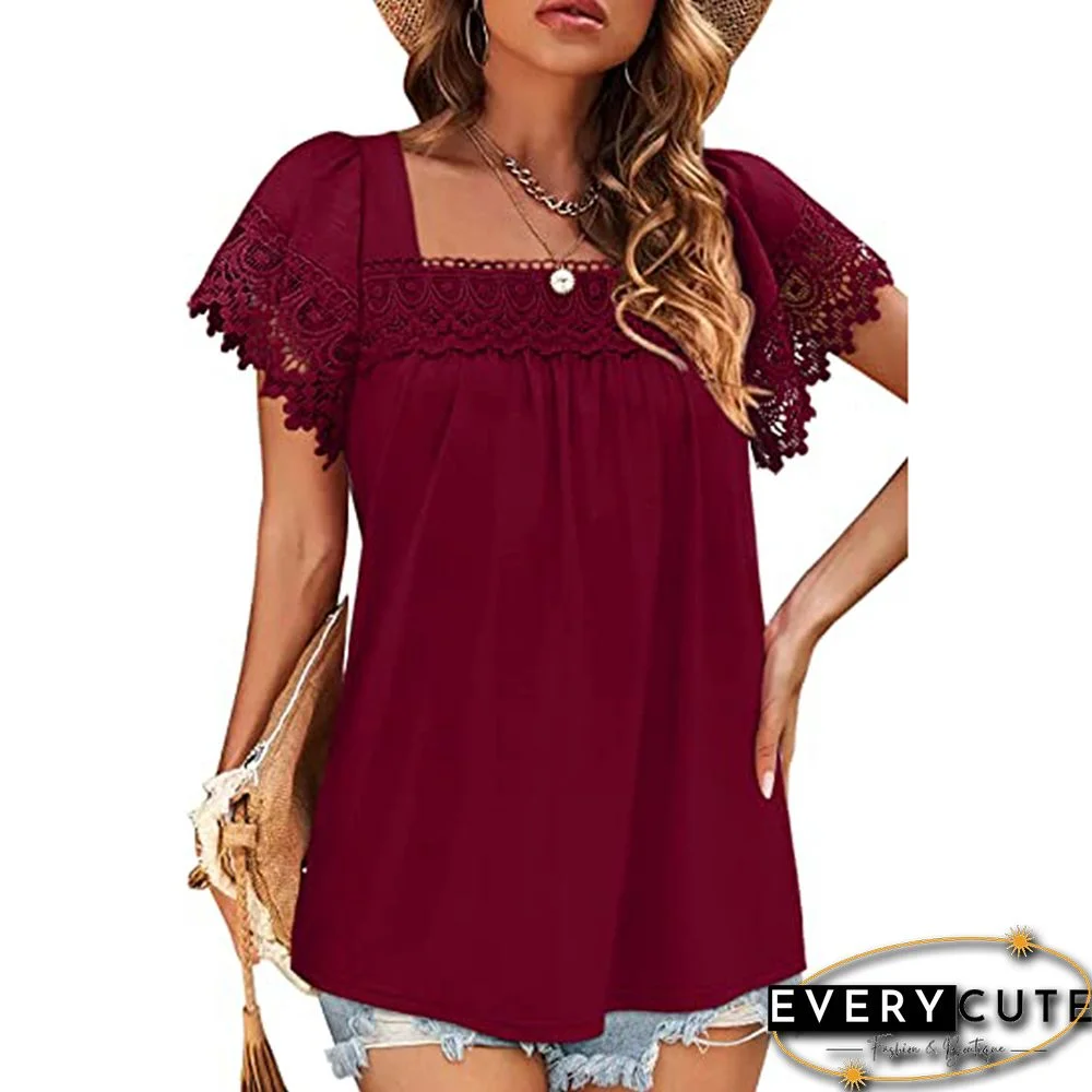 Burgundy Square Neck Splicing Lace Short Sleeve Tops