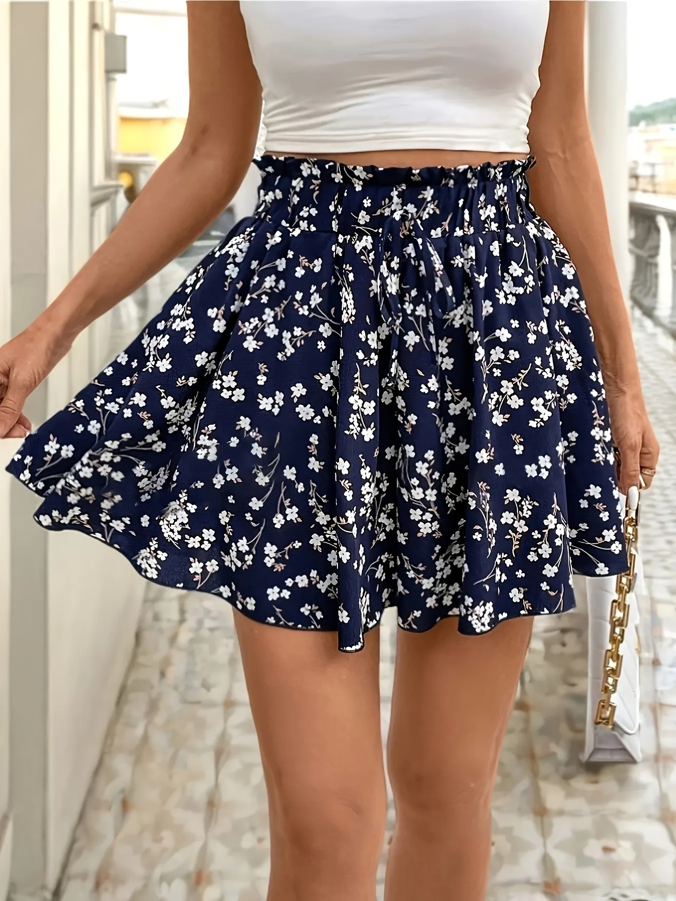 Navy White Womens High-waist Elastic Waist Wide-Leg Shorts Floral Print Summer Casual