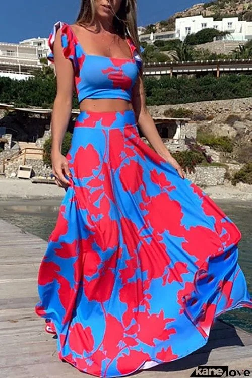 Fashion Sleeveless Top + Printed Long Skirt Two-piece