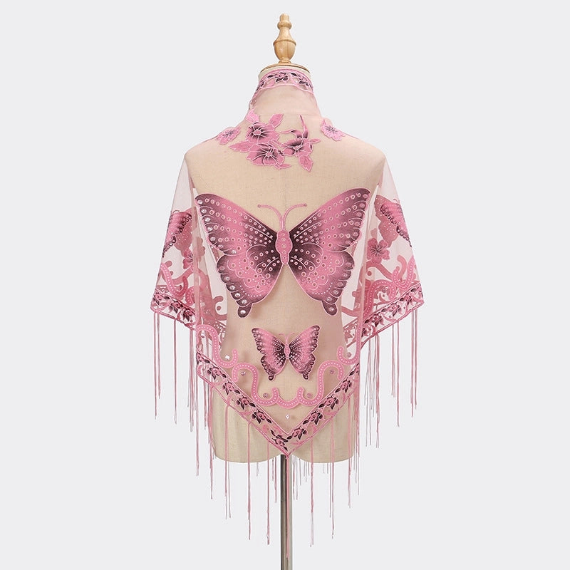 New Tassel Triangle Scarf Solid Color Hollow Lace Butterfly Embroidered Triangle Shawl Scarf For Women