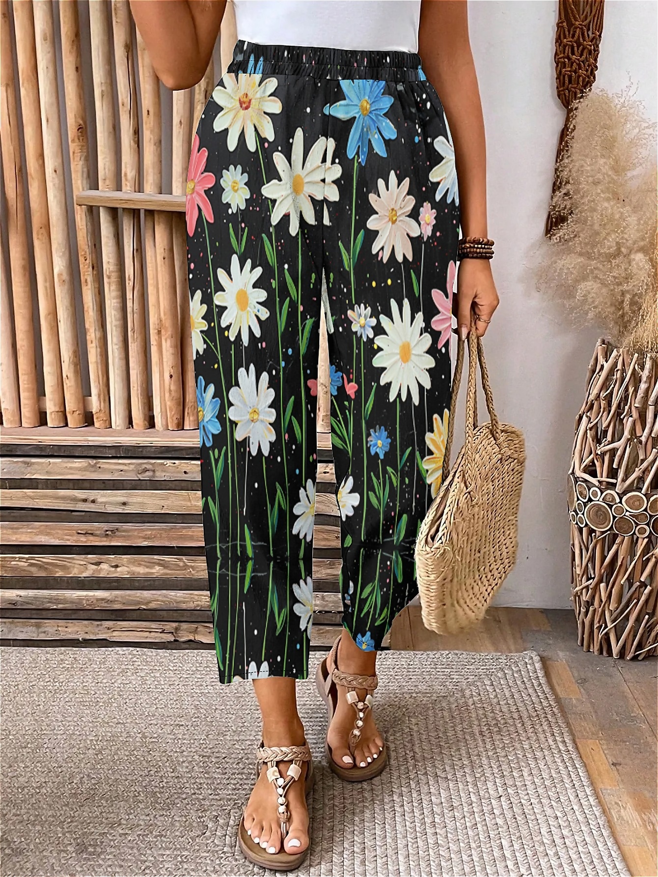 Plus Size Elastic Waist Floral,Daisies Printed Pants