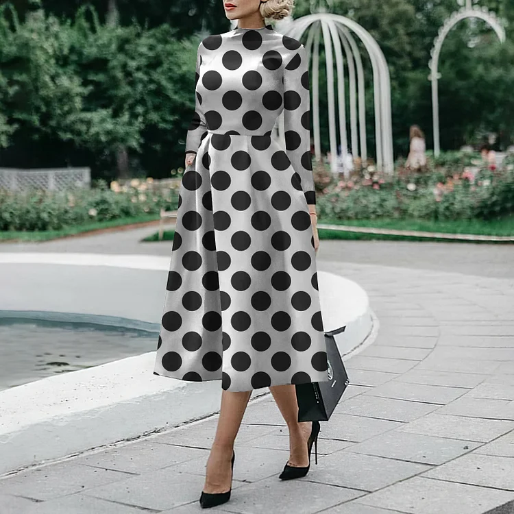 Vefave Elegant Polka Dot Print Midi Dress