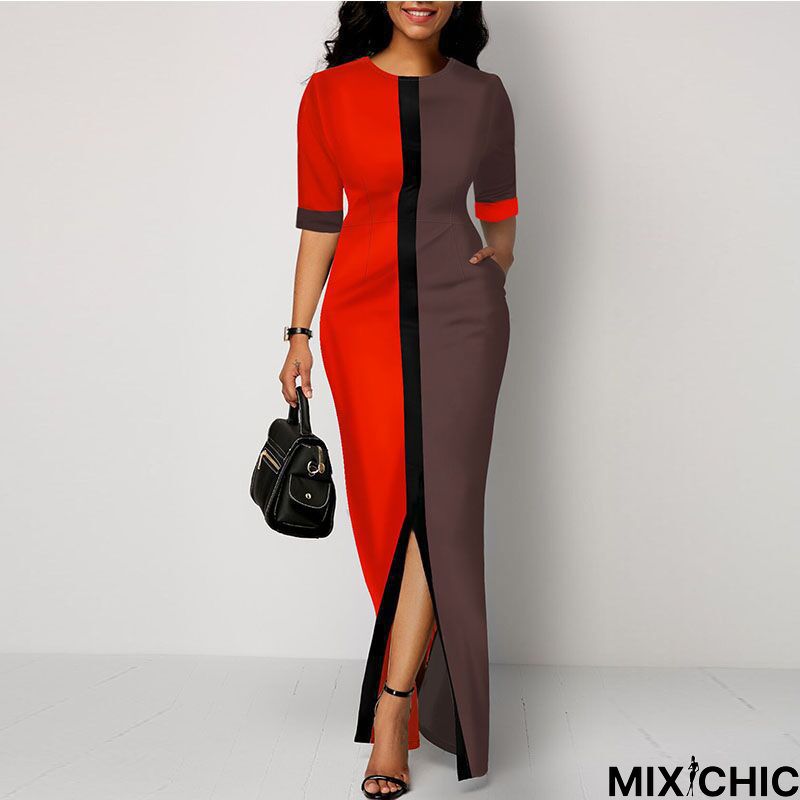 Fashion Short Sleeve Printed Dress Stitching Pocket Slit Skirt
