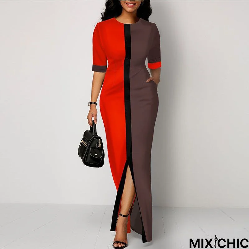 Fashion Short Sleeve Printed Dress Stitching Pocket Slit Skirt
