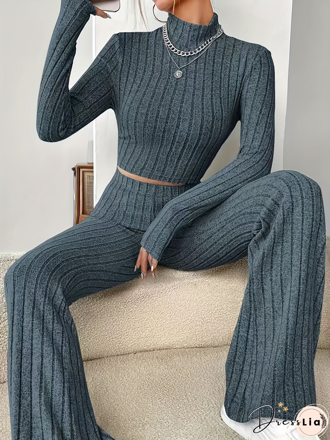 Solid Ribbed Two-piece Set Mock Neck Long Sleeve Tops Flared Leg Pants Outfits Womens