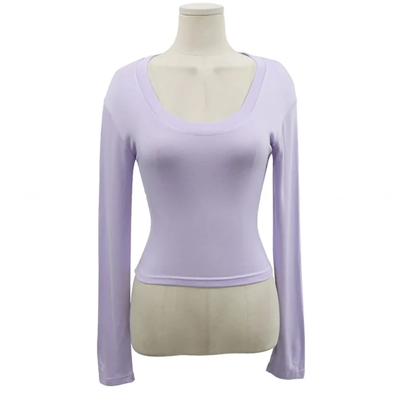 Brownm Women Sexy O-neck Cropped T-shirts Girls Full Sleeve Sheath Thin Tshirt Basic Crop Tops For Female 2021 Spring Summer