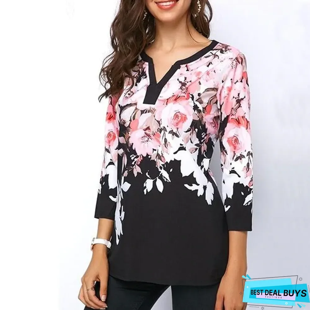 Plus Size Women Floral Printed Tops Three-Quarter Sleeve V-Neck T-Shirt