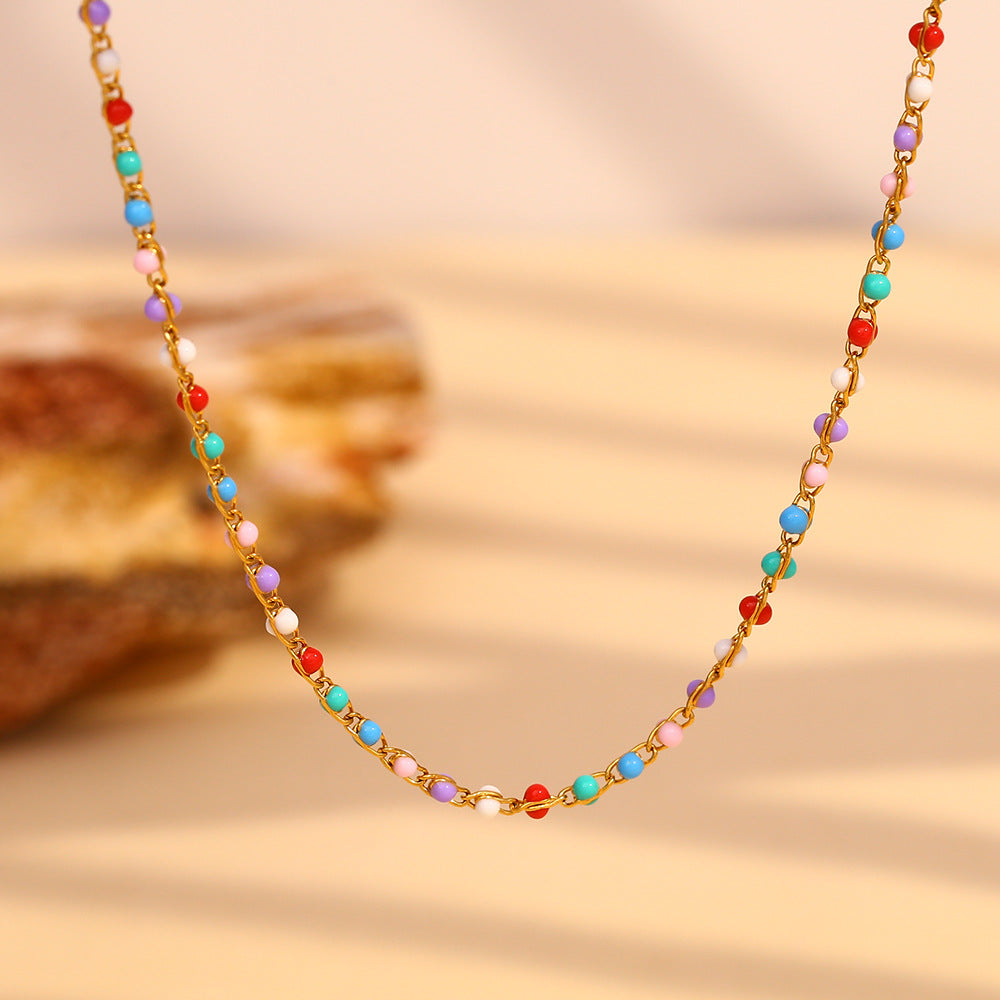 Fashionable Small Fresh Pendant Stainless Steel Plated 18K Gold Personalized Color Dripping Small Bead Necklace For Women